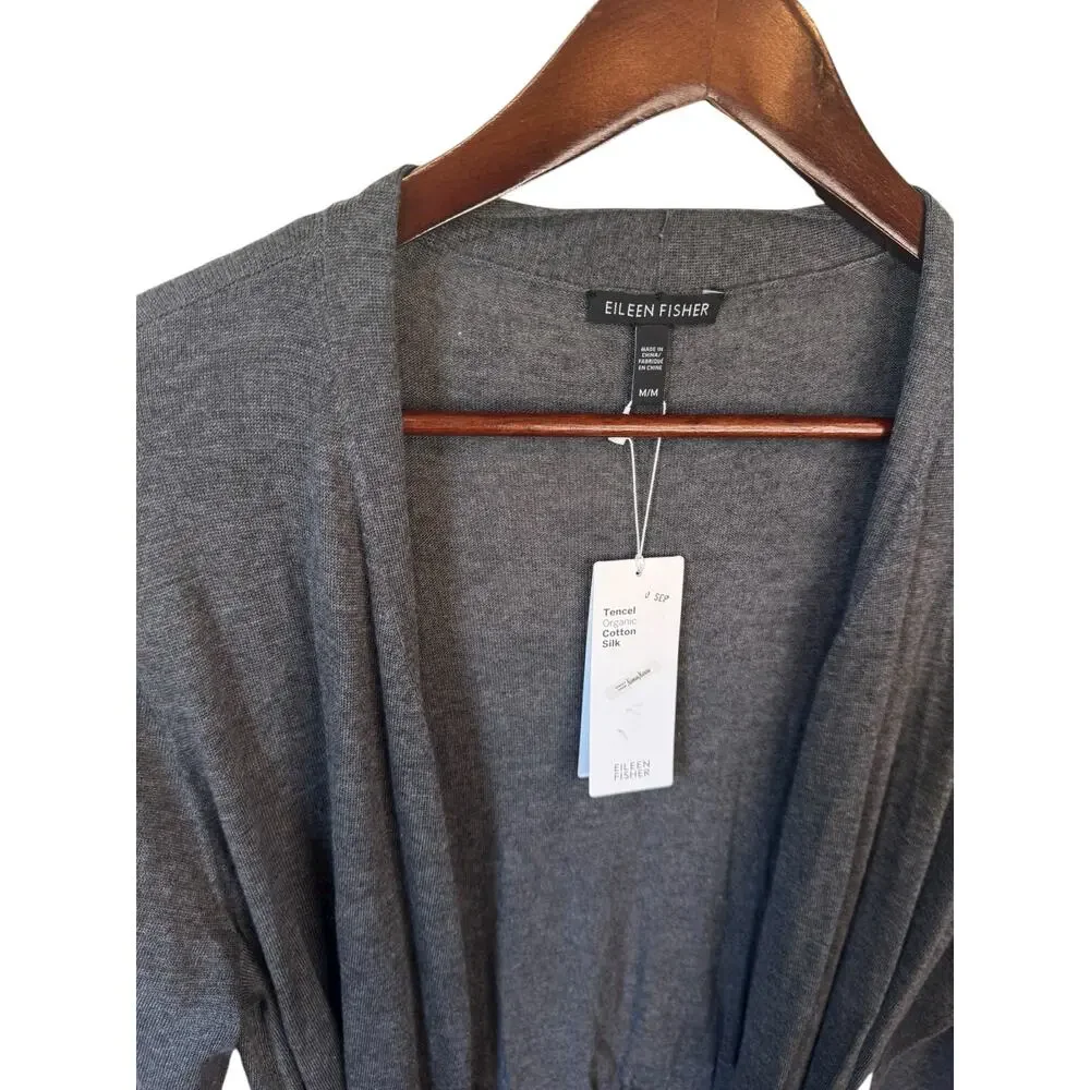 EILEEN FISHER NWT Belted Simple Cardi Sweater Ash Grey Cotton Silk Blend Cozy